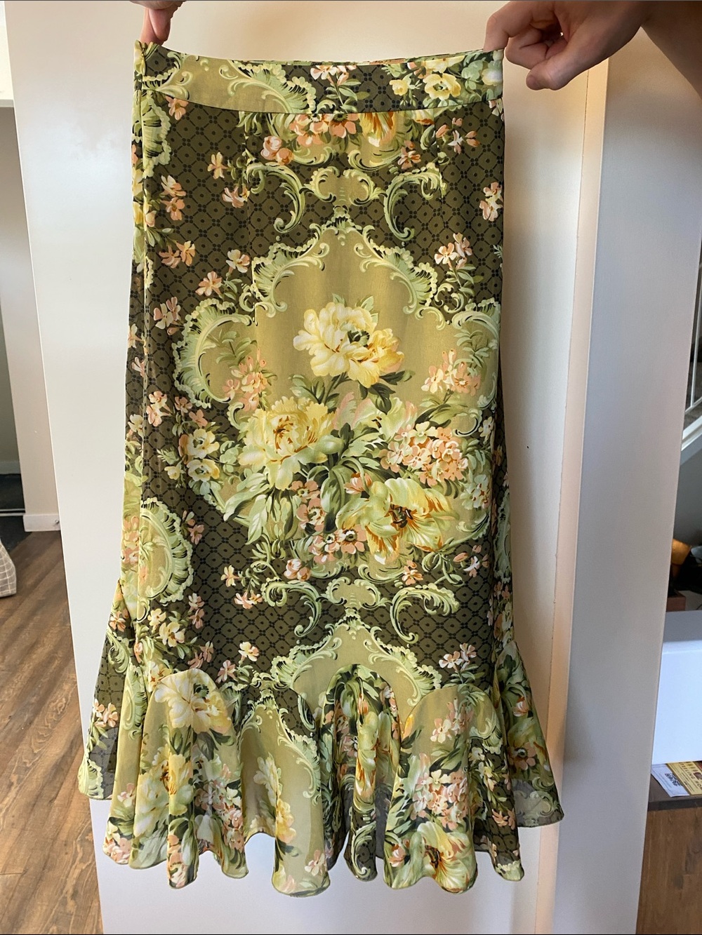 Floral Green Tiered Midi Skirt - Green - Picture 2 of 8